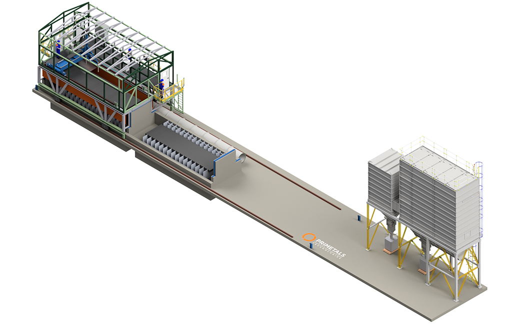 Imagem 3D da máquina de corte de sucata da Primetals Technologies na Konepeikko Oy. O projeto do equipamento permite carregamento por ambos os lados. 